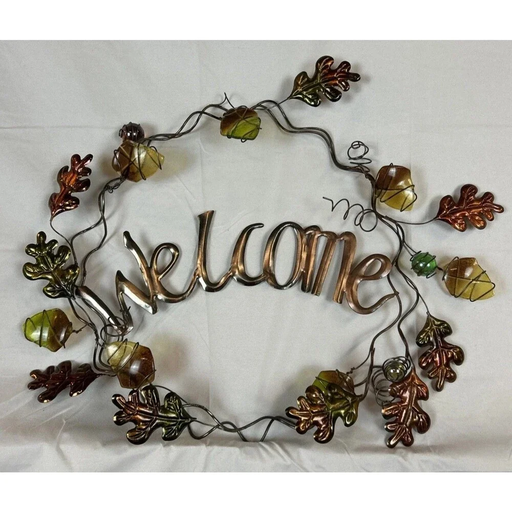 Fall Leaves Welcome Wreath Hanging Metal & Glass Decor Thanksgiving 17x13”